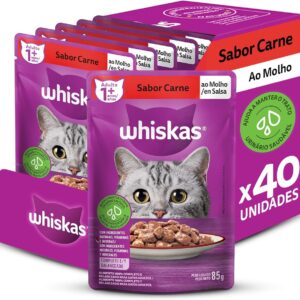 Pack de Ração Úmida Whiskas Sachê Carne ao Molho para Gatos Adultos, 40 sachês de 85 g